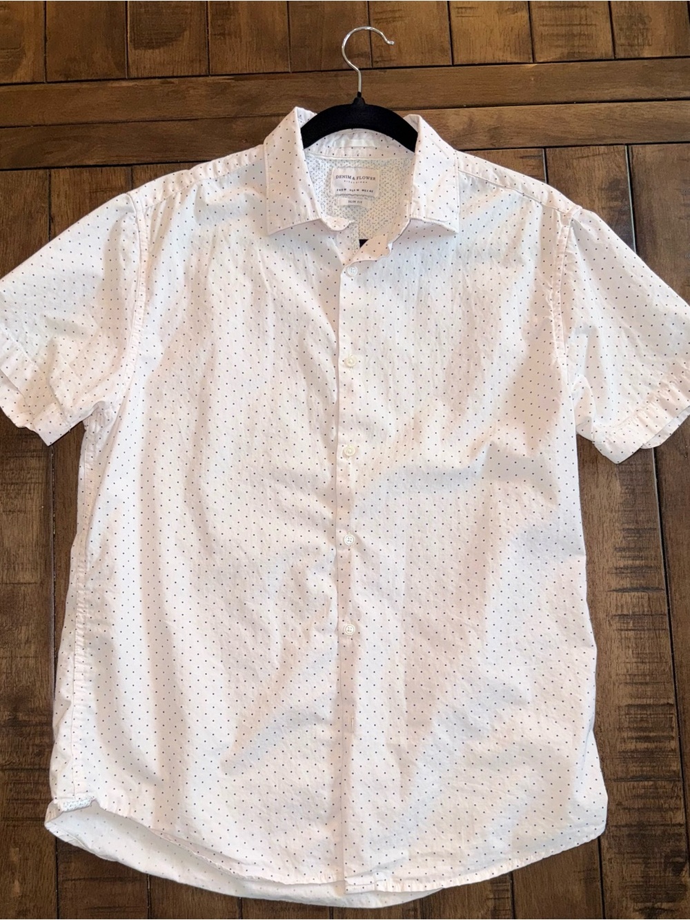 Men’s White Navy Dot Short Sleeve Button Down M Slim Fit Summer Shirt